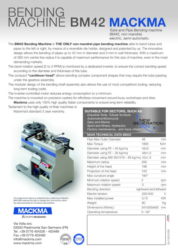 MACKMA - BM42 - Non Mandrel Tube & Pipe Bender