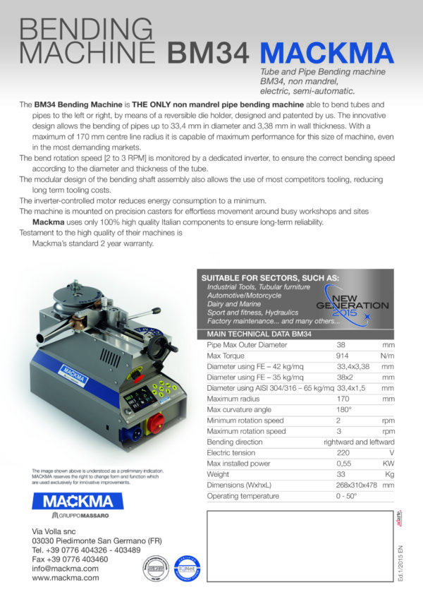 MACKMA - BM34 - Non Mandrel Tube & Pipe Bender