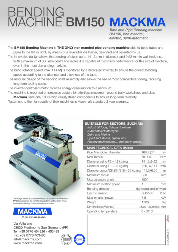 MACKMA - BM150 - Non Mandrel Tube & Pipe Bender