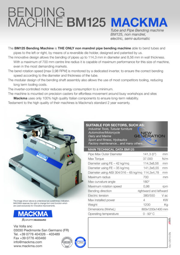 MACKMA - BM125 - Non Mandrel Tube & Pipe Bender