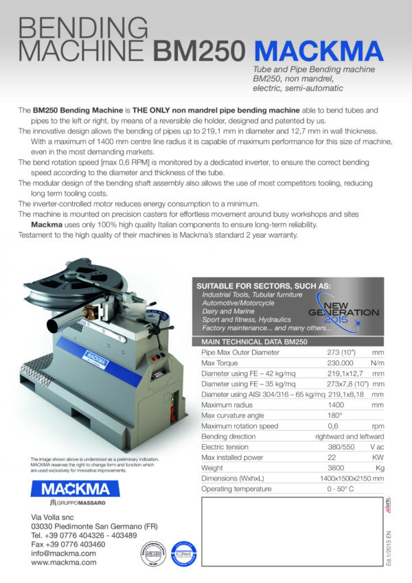 MACKMA - BM250 - Non Mandrel Tube & Pipe Benders